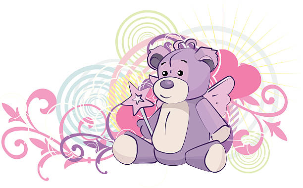 Pretty Purple Fairy Bear Image of a cute purple fairy teddy bear with a colorful sunshine and heart background. teddy ray stock illustrations