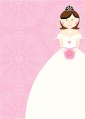 Bride character with bouquet of flowers placed off centre on a plain pink background. Ideal for an invite or card, with plenty of space for copy.