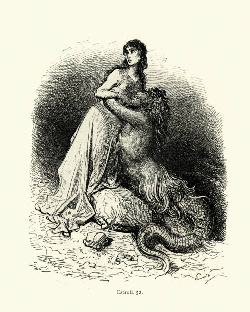Princess and the merman. Orlando Furioso Vintage illustration from the story Orlando Furioso. Princess and the merman. Orlando Furioso (The Frenzy of Orlando) an Italian epic poem by Ludovico Ariosto, illustrated by Gustave Dore. The story is also a chivalric romance which stemmed from a tradition beginning in the late Middle Ages. merman stock illustrations