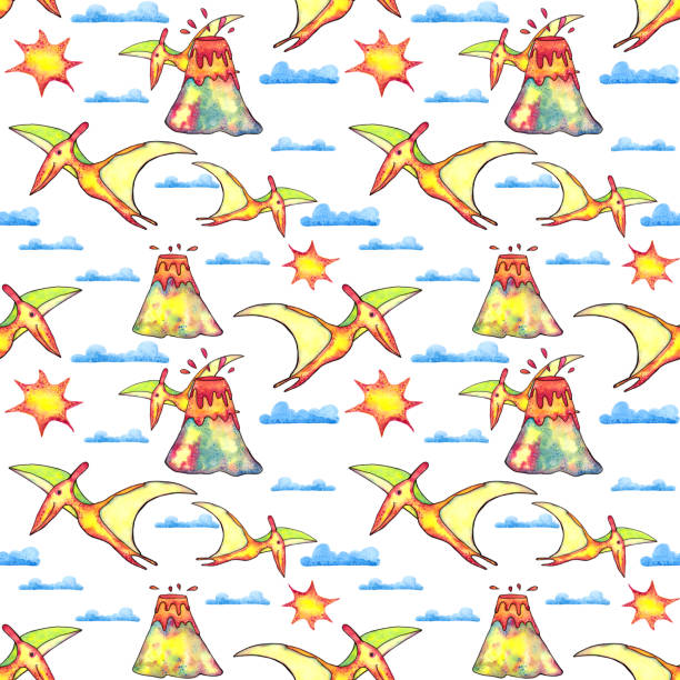 Pterodactyl, an eruption of a volcano, clouds, and sun on a seamless pattern. Watercolor Jurassic endless print on a white background. Hand-drawn dinosaur world backdrop. Cute dino illustration.  jurassic world stock illustrations