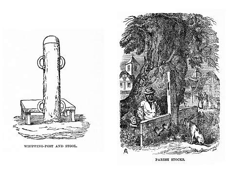 Criminals and people who misbehaved according to societal norms, were publicly punished and shamed by locking them in stocks or whipping them in public squares . This practice occurred from the 17th Century until early 19th Century in Britain and Colonial America. Illustration published 1863. Source: Original edition is from my own archives. Copyright has expired and is in Public Domain.