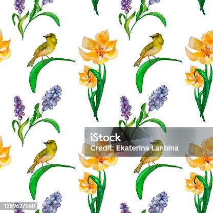 istock Purple, yellow flowers, bird seamless pattern watercolor 1389627560