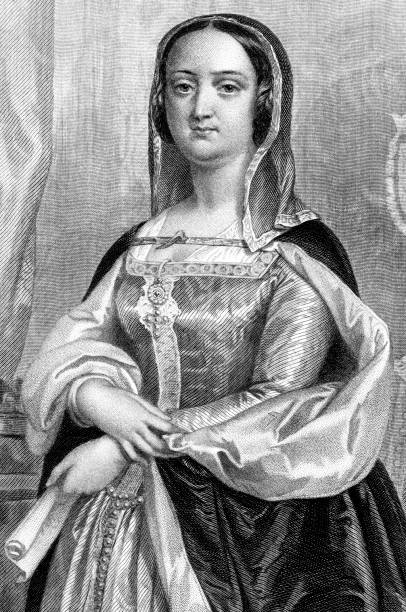 Queen Isabella I Of Spain Engraving from 1885 featuring the Queen of Spain, Isabella I of Castile.  Isabella lived from 1451 until 1504. castilla y león stock illustrations