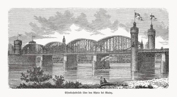 eisenbahnbrücke bei mainz, deutschland, holzstich, erschienen 1893 - mainz stock-grafiken, -clipart, -cartoons und -symbole