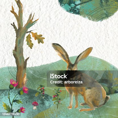 istock Raster illustration with a hare, plants. Forest picture 1346778430