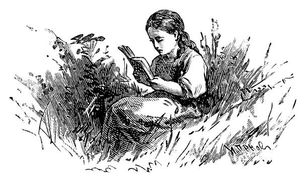 ilustrações de stock, clip art, desenhos animados e ícones de ler no campo - kid reading outside