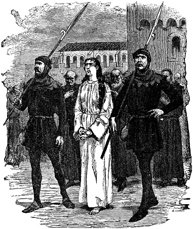 Rebecca being taken to her Witch Trial in Ivanhoe, a historical novel by Walter Scott (circa 19th century). Vintage etching circa 19th century.