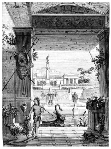 illustrazioni stock, clip art, cartoni animati e icone di tendenza di ricostruzione della casa a pomjeii italia 1850 - pompei