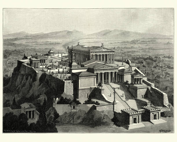 Reconstruction of the Acropolis of Athens in Ancient times Vintage engraving of a Reconstruction of the Acropolis of Athens in Ancient times. The Acropolis of Athens is an ancient citadel located on a rocky outcrop above the city of Athens and contains the remains of several ancient buildings of great architectural and historic significance, the most famous being the Parthenon. historical reenactment stock illustrations