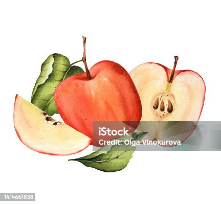 istock Red apple with leaves 1414661838