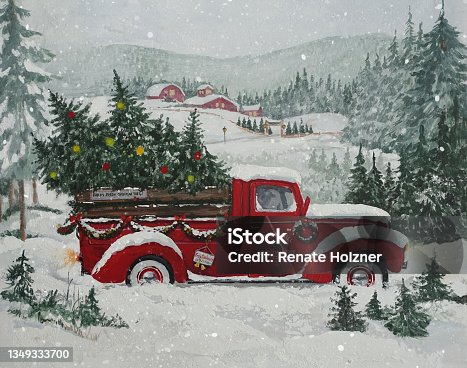 istock Red Christmas truck transports Christmas trees through a snowy winter landscape 1349333700