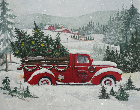 Red old vintage Christmas truck loaded with Christmas trees is driving through a romantic snowy winter landscape. Transporting and delivering farm fresh Christmas trees. Driving through a hilly wooden landscape. Acrylic painting