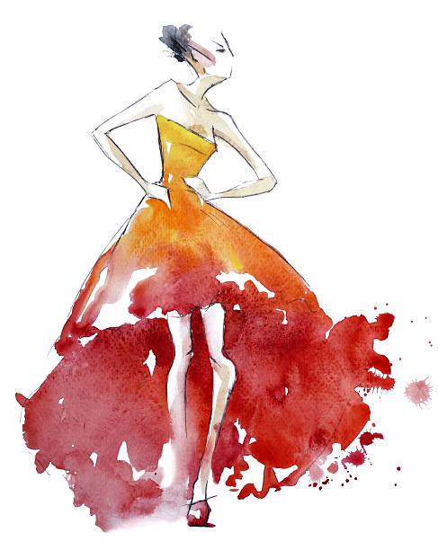 Red dress fashion illustration, watercolor painting Red dress fashion illustration, watercolor painting, hand painted fashion dress sketches stock illustrations
