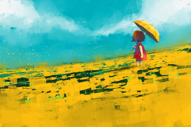 ilustrações de stock, clip art, desenhos animados e ícones de red dress girl holding yellow umbrella in yellow flower field - kid reading outside