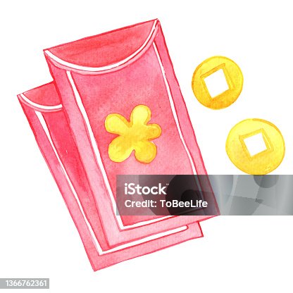 istock Red envelope with coins watercolor illustration for decoration on Chinese new year and oriental culture art. 1366762361