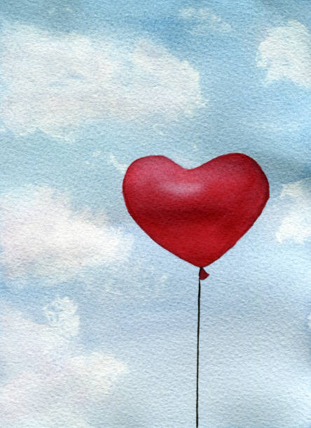 ilustrações de stock, clip art, desenhos animados e ícones de red heart balloon  on a blue cloudy sky, watercolor illustration for valentines day, red heart shaped balloon and blue cloudy sky - fond