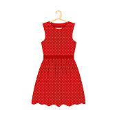 istock Red polka dot dress on a hanger. Summer sundress without sleeves. Women's clothing. Vector illustration in a flat style. Isolated on white. 1308372070