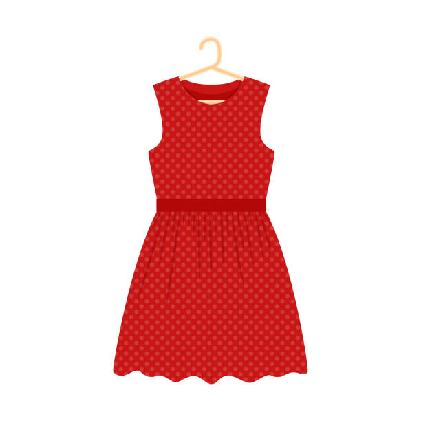 Red polka dot dress on a hanger. Summer sundress without sleeves. Women's clothing. Vector illustration in a flat style. Isolated on white. Red polka dot dress on a hanger. Summer sundress without sleeves. Women's clothing. Vector illustration in a flat style. Isolated on white dress stock illustrations