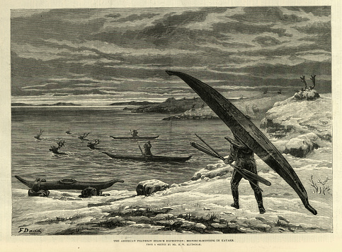 Vintage illustration, Frederick Schwatka's Search for Franklin's expedition, Reindeer hunting in Kayaks, 19th century arctic explorers