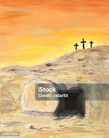 istock Religious: Easter Sunrise and Empty Tomb Art Painting with crosses 478271645