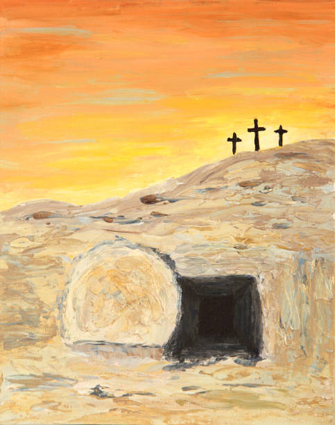 Religious: Easter Sunrise and Empty Tomb Art Painting with crosses An acrylic painting of three crosses and the rock rolled away from the empty tomb of Jesus Christ at sunrise on Easter morning. Vertical image would be good for Christian or religious Easter use. Done by contributor religious cross silhouettes stock illustrations