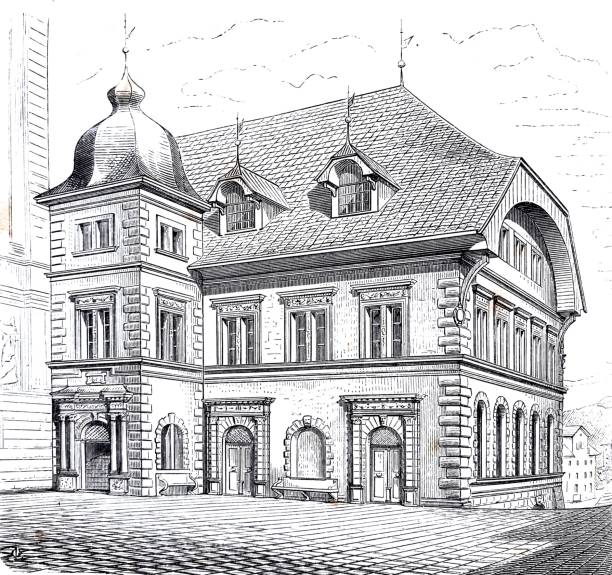 Renaissance in Switzerland: townhall in Lucerne Illustration from 19th century window drawings stock illustrations
