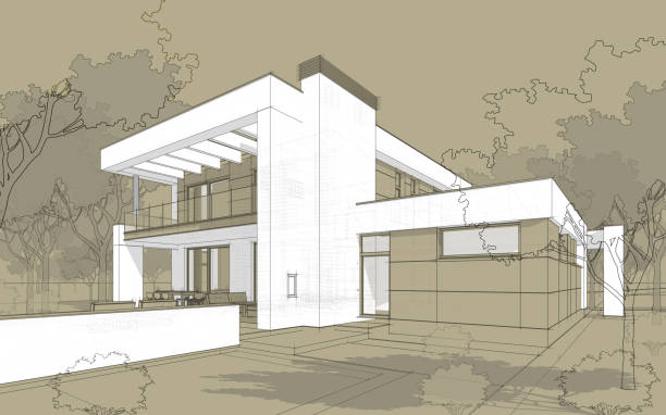3D render sketch of modern cozy house 3D render sketch of modern cozy house in contemporary style for sale or rent. Aqua crayon style with hand drawing entourage. concrete drawings stock illustrations