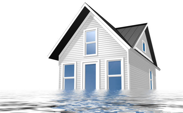 3D Rendered Illustration of a tiny home over white. 3d Rendered Illustration of a house being flooded with water over a white background. flooding stock illustrations