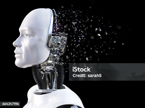istock 3D rendering of male robot head that shatters. 664247196