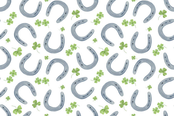A repeat pattern of horseshoe and shamrock plant leaves A repeat pattern of horseshoe and shamrock plant leaves, a symbolic decoration for a national spring Irish holiday St Patrick's day, symbolizes luck and traditions, hand drawn watercolor illustration horse patterns stock illustrations