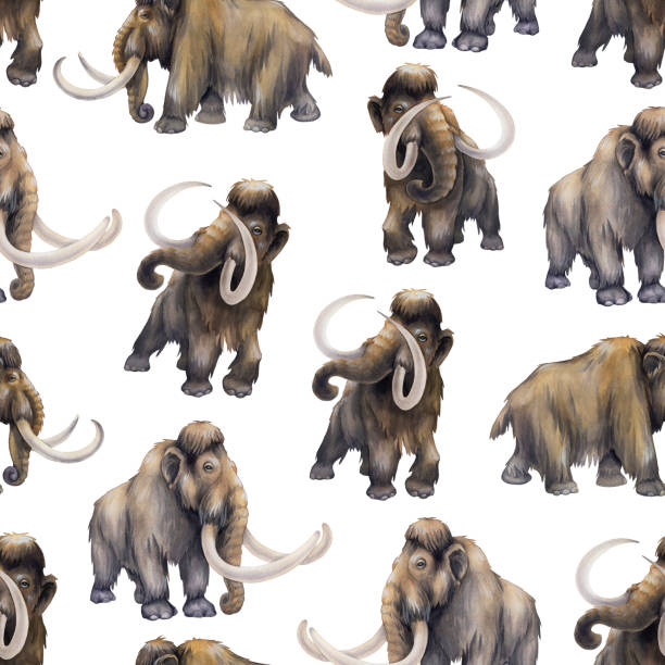 Repeated seamless pattern of a watercolor mammoths Repeated seamless pattern of a watercolor mammoths. Hand painted illustration of the Ice Age mastodon animal stock illustrations