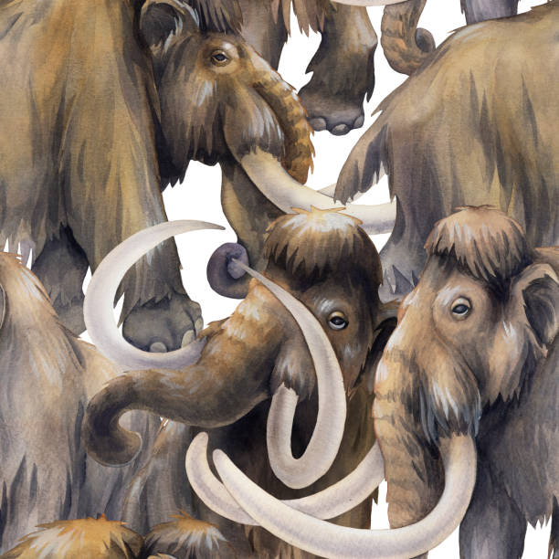 Repeated seamless pattern of a watercolor mammoths Repeated seamless pattern of a watercolor mammoths. Hand painted illustration of the Ice Age mastodon animal stock illustrations