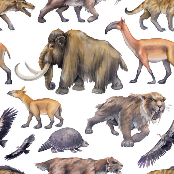 Repeated seamless pattern of a watercolor prehistoric animals Repeated seamless pattern of a watercolor prehistoric animals. Hand painted illustration of the Ice Age. mastodon animal stock illustrations