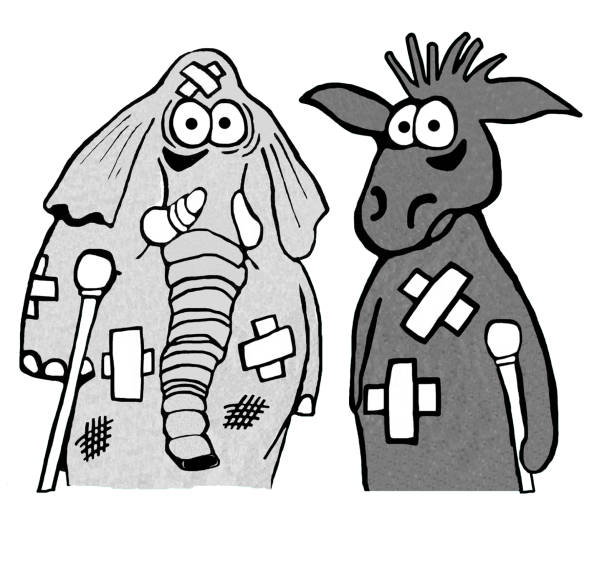 Republican vs Democrat Political cartoon showing the Republican elephant and Democratic donkey beaten and battered. republicanism stock illustrations