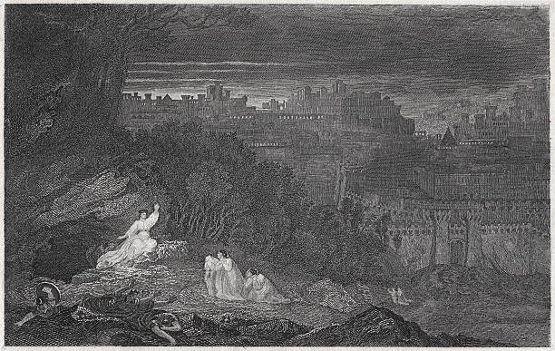 Resurrection morning (Matthew 28), by John Martin (1789-1854), published 1836  easter sunday stock illustrations
