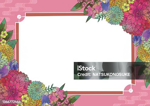 istock Retro Japanese style floral pattern gorgeous beautiful Japanese pattern background material handwritten illustration New Year's New Year's card material 1366772464