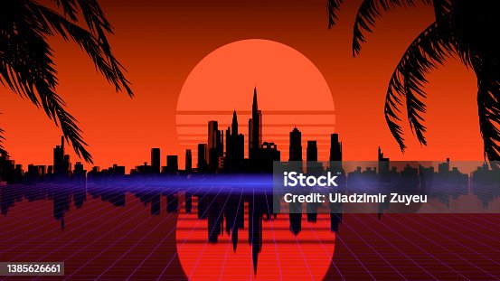 istock Retro wave city background. Neon night landscape with a futuristic city in the style and aesthetics of the 80s and 90s. Synthwave, cyberpunk, computer video games, concept. 1385626661