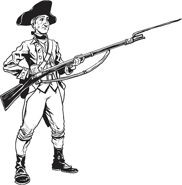 Revolutionary War Soldier A cartoon depiction of a Colonial-Era soldier holding a musket. american revolution stock illustrations