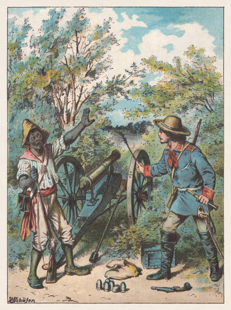 Robinson and Friday at a cannon, chromolithograph, published in 1893 vector art illustration