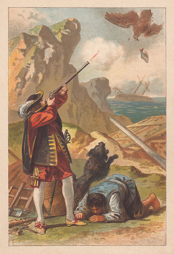 魯賓遜和星期五在被擱淺的船附近石版畫出版1877向量圖形及更多文學作品圖片 Istock