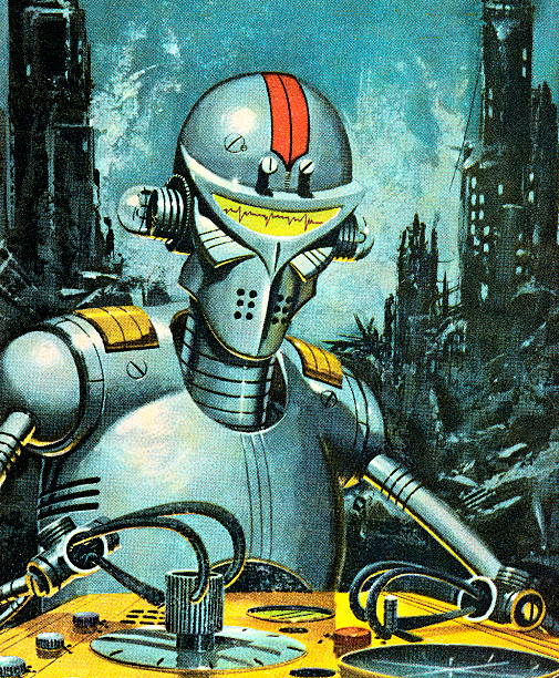 Robot Among City Ruins Robot Among City Ruins futuristic illustrations stock illustrations