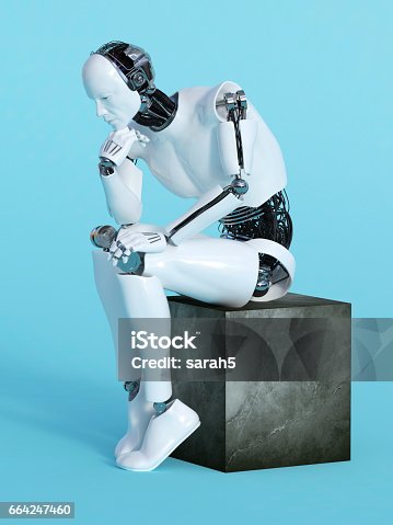 istock Robot man in thinking pose. 664247460