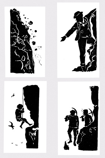 Four Silhouettes of dangerous rock climbing.. Illustration published 1893. Source: Original edition is from my own archives. Copyright has expired and is in Public Domain.