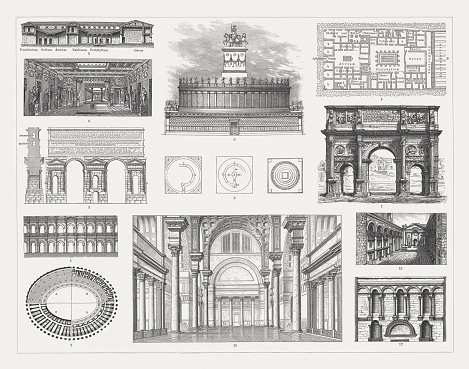 Roman architecture: 1 - 2) Arena of Nîmes (exterior view and floor plan); 3) Aqua Claudia (52 AD), Rome; 4 - 6) House of Pansa in Pompeii with floor plan, longitudinal average, and inside view (visual reconstruction); 7) Arch of Constantine (built 312 - 315 AD), Rome; 8 - 9) Castel Sant'Angelo with floor plans, Rome (visual reconstruction after Borgatti); 10) Baths of Caracalla (inside view, visual reconstruction, 216 AD); 11) Diocletian's Palace (UNESCO World Heritage Site), view of the Peristyle (305 AD), Split, Croatia; 12) Diocletian's Palace, facade detail. Wood engravings, published in 1897.