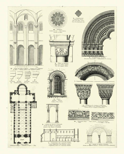 Romanesque architecture, Rose window, Arches, Mouldings Vintage engraving of examples of Romanesque architecture, Rose window, Arches, Mouldings. Romanesque architecture is an architectural style of medieval Europe characterized by semi-circular arches. romanesque stock illustrations