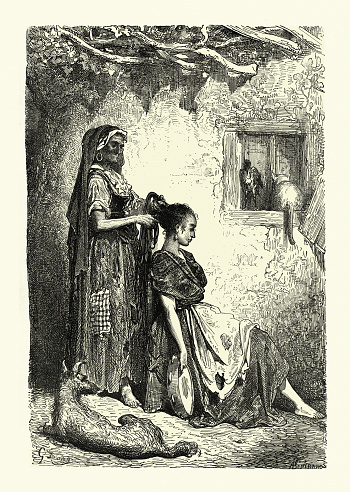 Vintage illustration, Romani woman having her hair dressed at Diezma, Andalusia, Spain, Spain, illustrated by Gustave Dore 19th Century