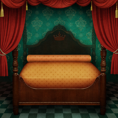 Fairy tale fantasy background with king size bed and curtain. Computer graphics. 3D rendering.