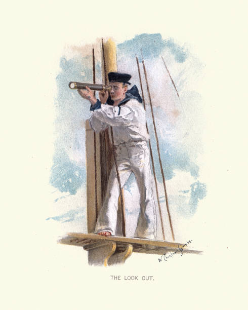 Royal Navy sailor on look out up the mast, using telescope, British Victorian military, 19th Century vector art illustration