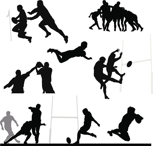 Rugby silhouette montage "A collection of high-quality rugby silhouettes including try scorers, tackles, kicks and a scrum" rugby league stock illustrations
