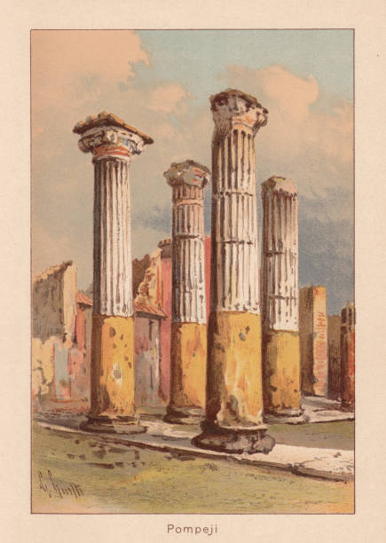 illustrazioni stock, clip art, cartoni animati e icone di tendenza di rovine di pompei, italia, litografia, pubblicata nel 1888 - pompei